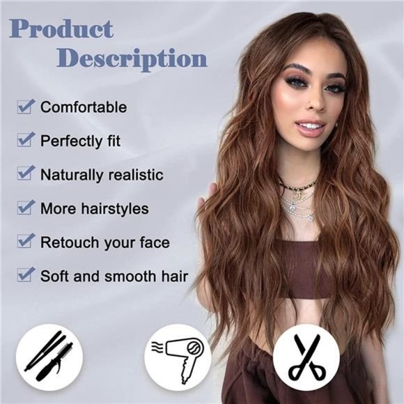 NAYOO Long Ombre Brown Wavy Wig for Women 26 Inch Middle Part Curly Wavy